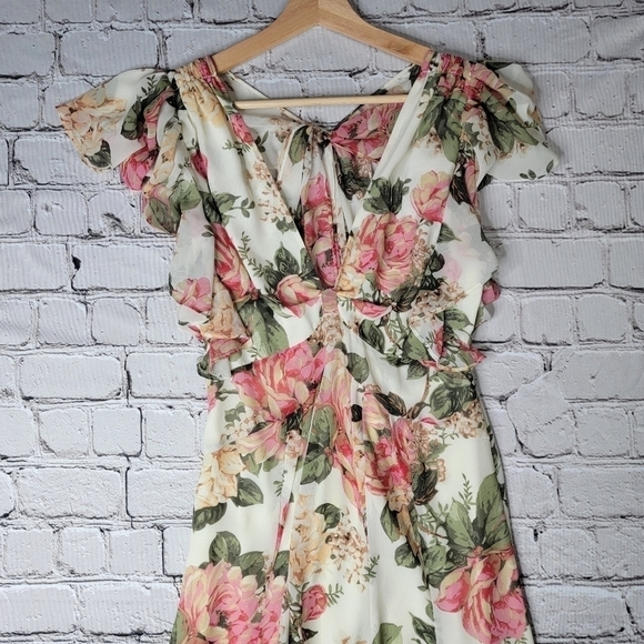 Divine Heritage Twist Back Midi Dress In Ivory Peach Pink Floral Print Size S - Picture 3 of 14